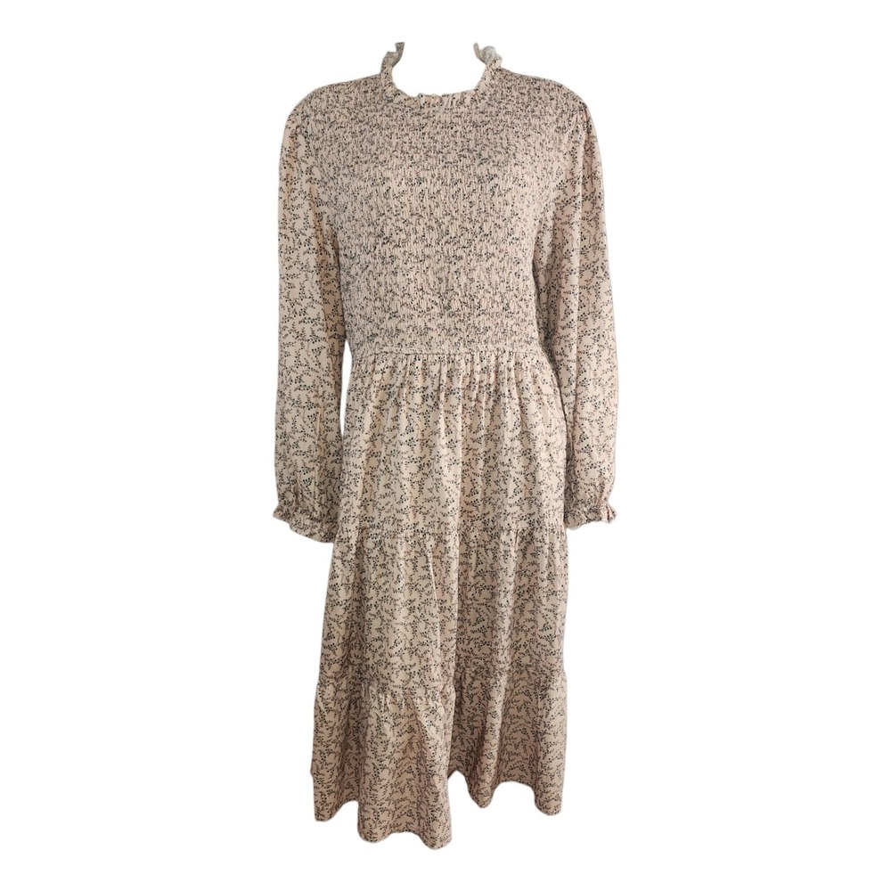Hayden Dress Womens Size 1XL Tan Green Cottage Core Smocked Prairie Midi Neutral